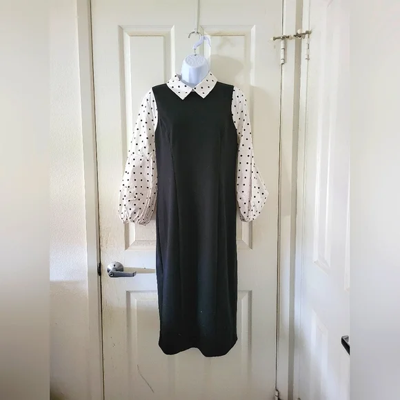 New York & Co | Black/White Polka Dot Puff Sleeve Midi Sheath Dress (SIZE M) - Picture 13 of 13